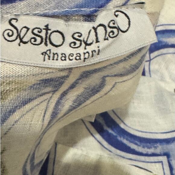 Sesto Senso Linen Crop Top Puff Sleeves Tie Back Size Medium Blue Yellow Floral - Picture 4 of 9